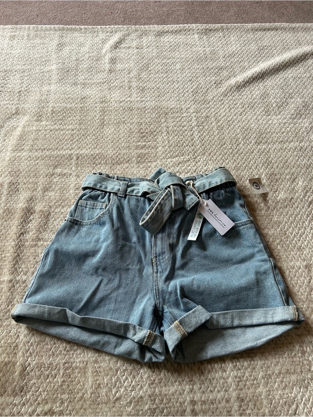 High-Waist Denim Paperbag Shorts with Bow Belt